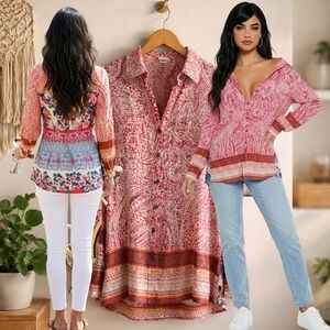 ARATTA SILENT JOURNEY Boho Paisley and Floral Tunic Button Up Top Size SMALL